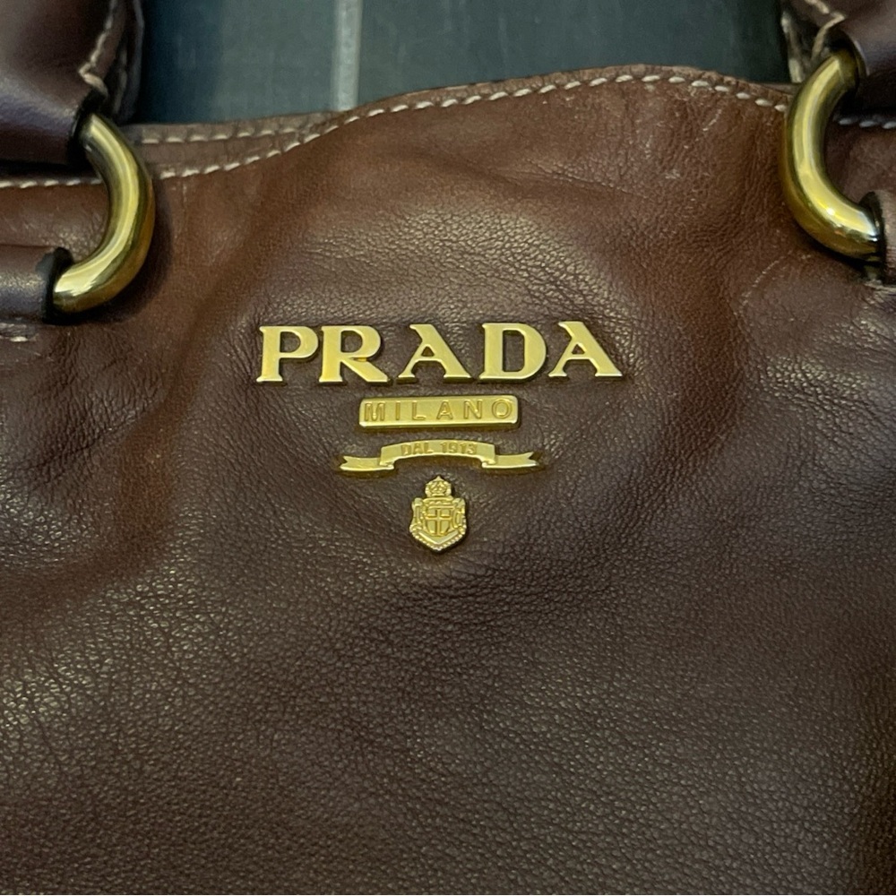 Prada Womens Leather Gold Tone Hardware Top Handle Tote Bag Brown - Picture 2 of 16